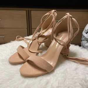 open toe chunky heel lace up tan heels